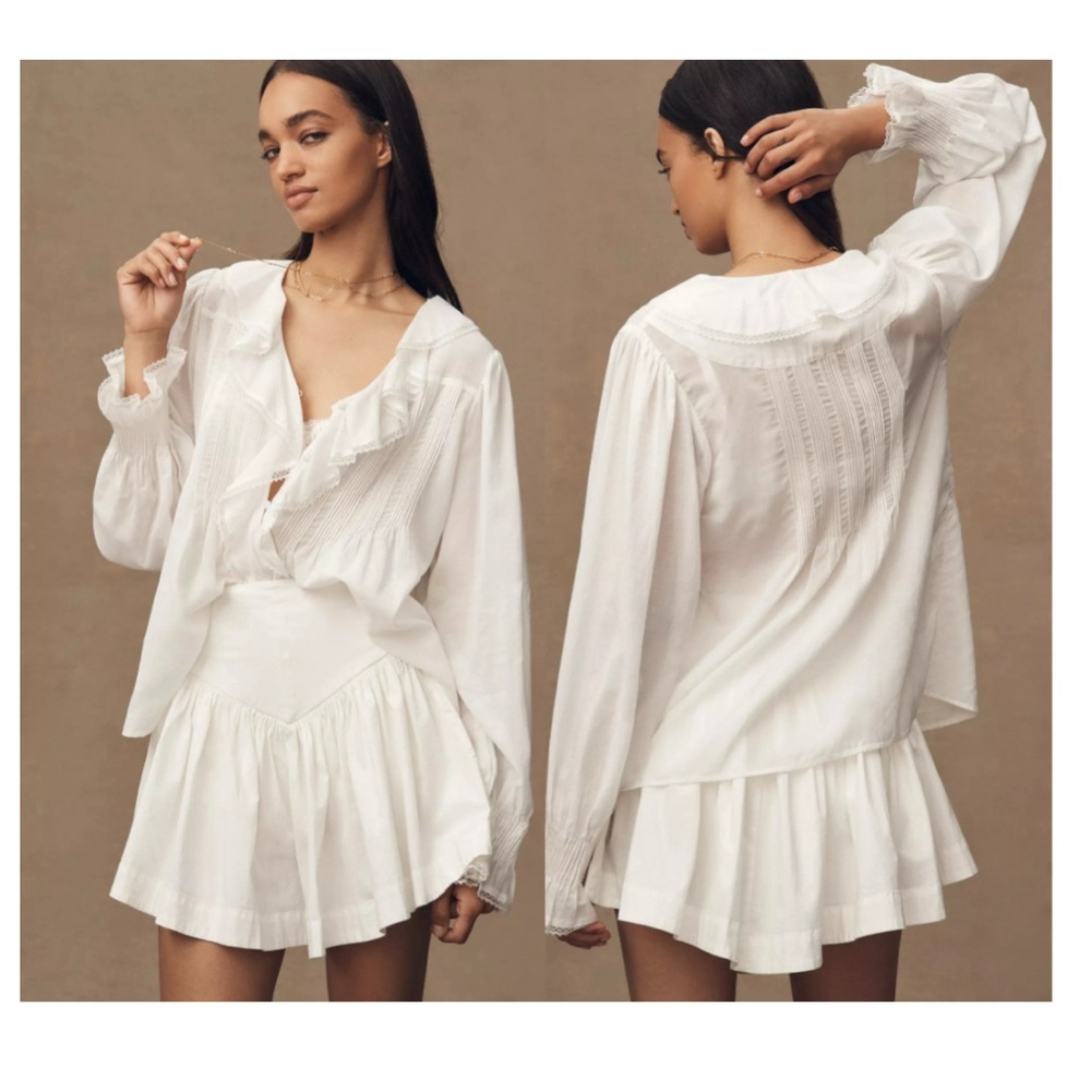 By Anthropologie Long-Sleeve Babydoll Blouse Cottagecore Puff Sleeve Whimsy Top